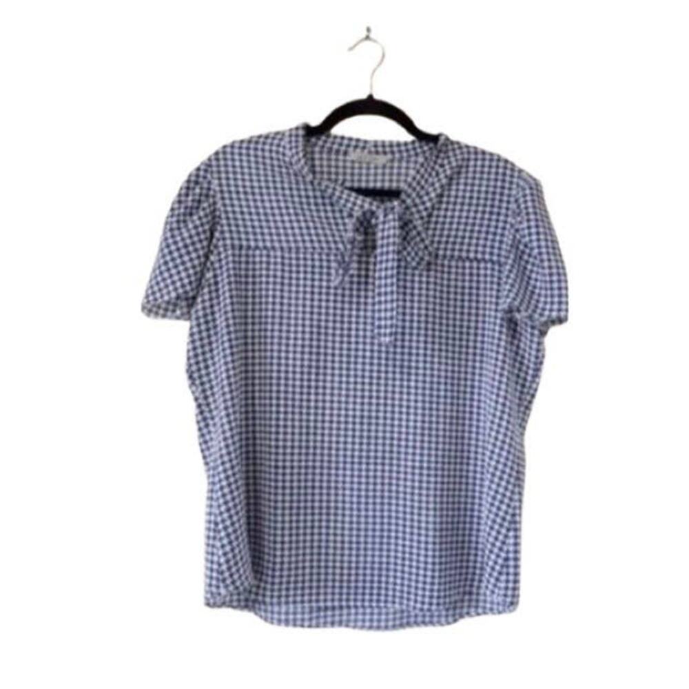 Short sleeve front bow houndstooth pattern blouse